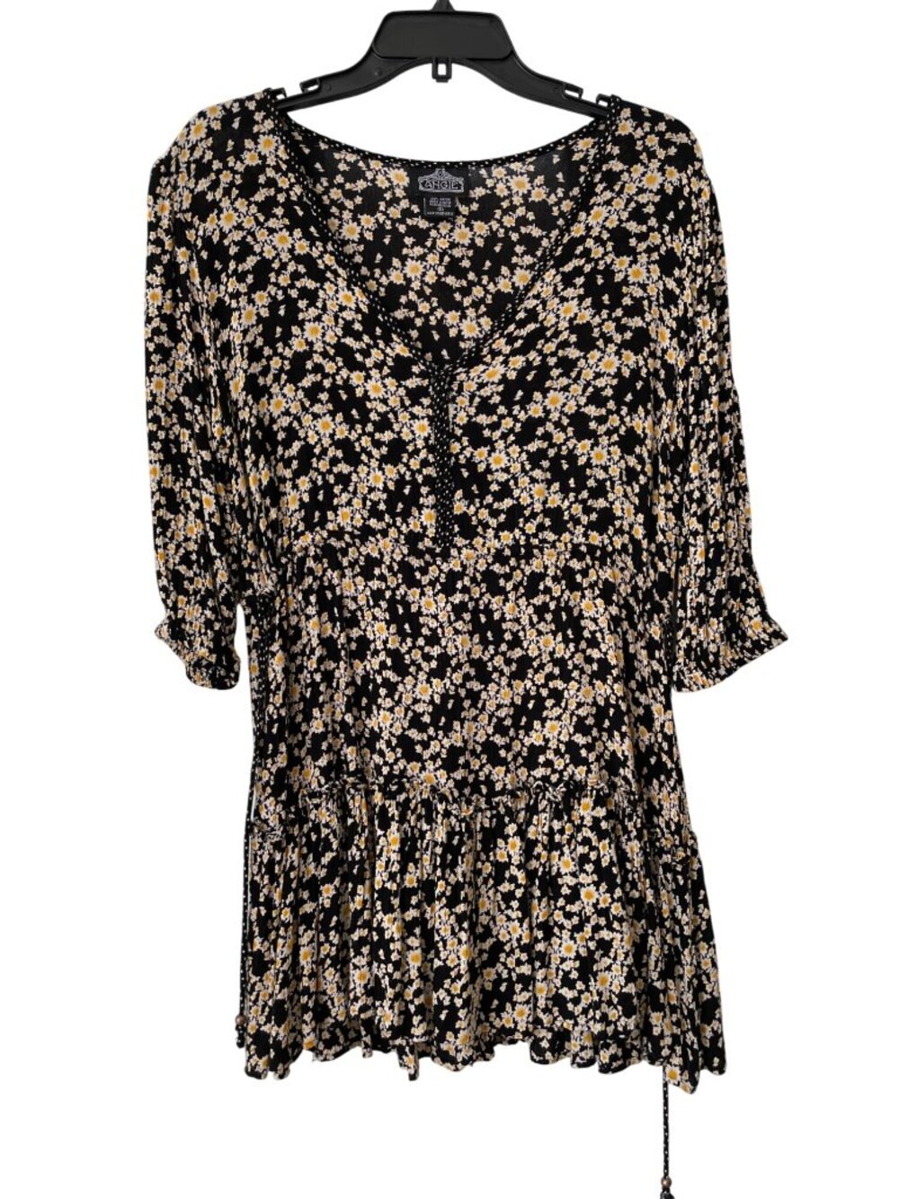 Angie Dress Small Floral Tunic Peasant Mini 3/4 Sleeve Daisy Black Fairygoth